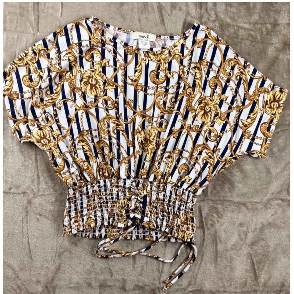 Marci Womens Small Baroque Chain Stripe Smocked Waist‎ Dolman Sleeve Corset Glam